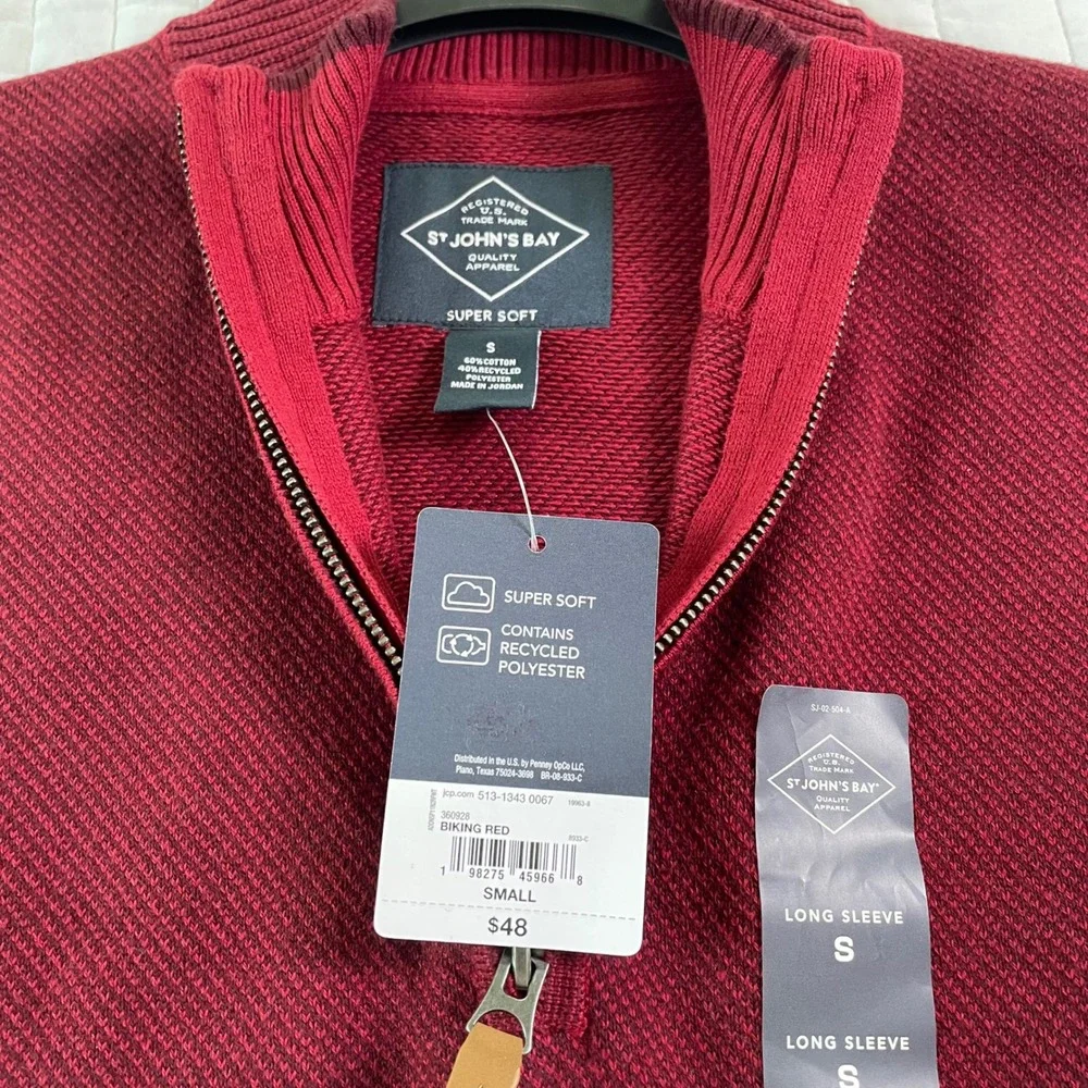 St Johns Bay Mens Quarter Zip Sweater Biking Red Small Super Soft Textured Knit